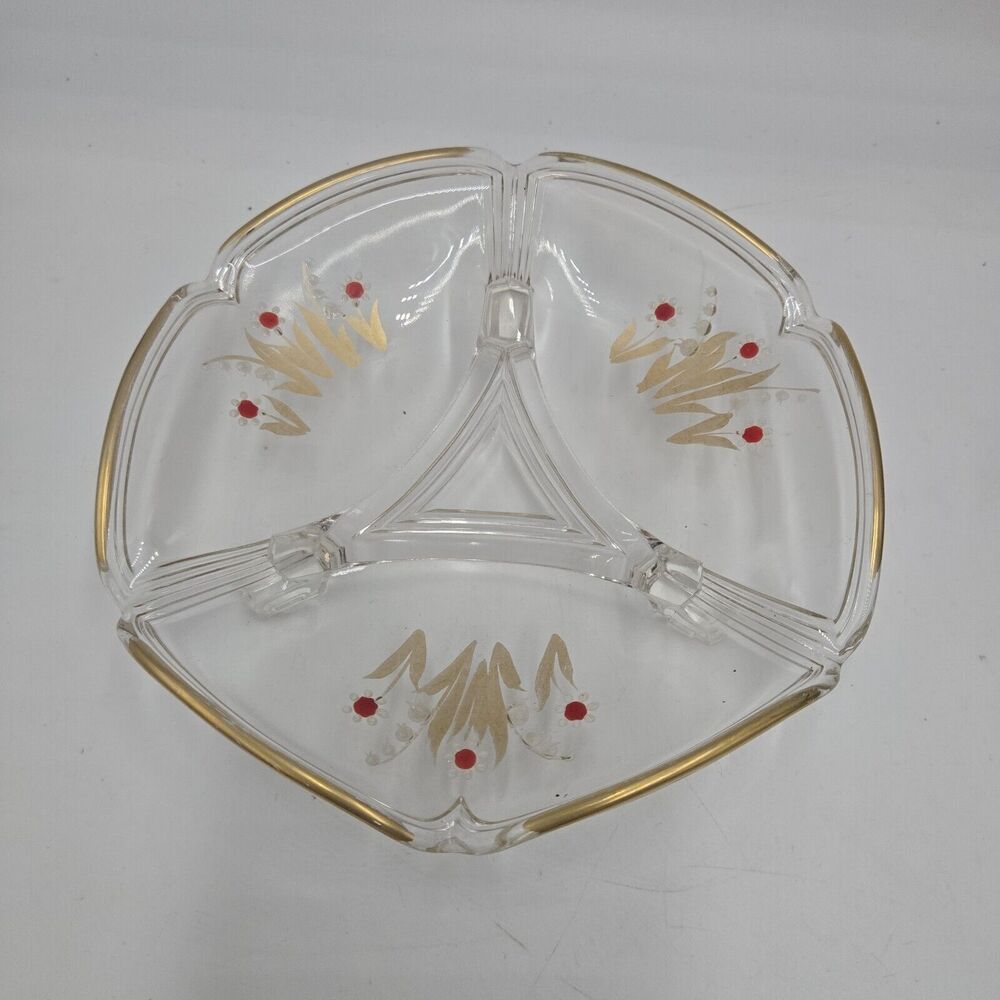Vintage Depression Glass Bon-Bon Dish With Gold Rim Enamel Lily Of Valley Flower